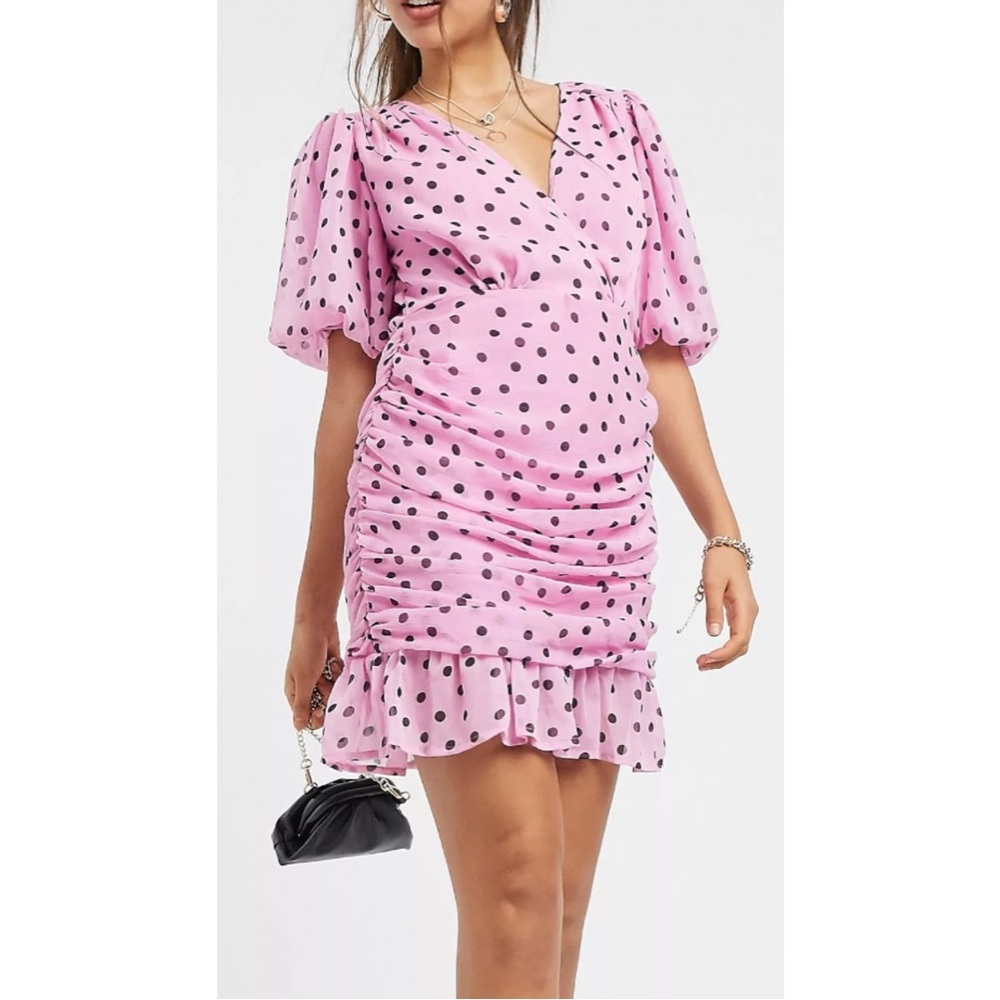 ASOS DESIGN wrap front ruched bodycon mini dress with puff sleeves in polka dot